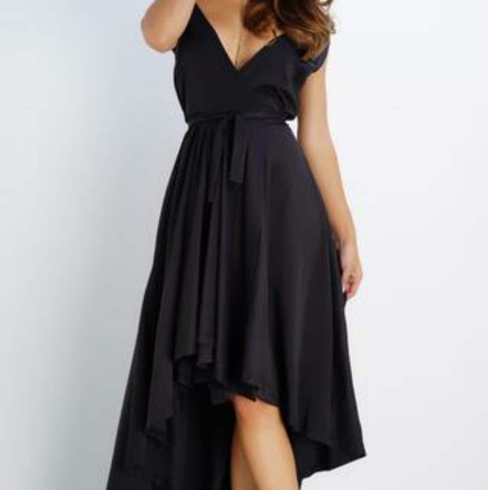 WantMyLook Black Wrap V Neck Tie Waist High L